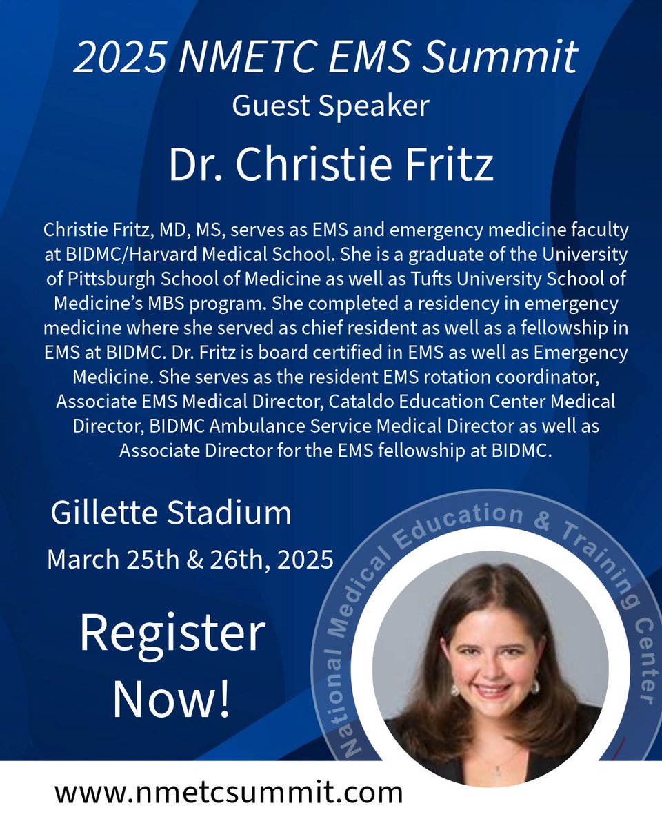NMETC is excited to announce that Dr. Christie Fritz will be speaking at the 2025 NMETC EMS Summit! ⁠
⁠
Dr. Fritz will be discussing recent high profile pre-hospital behavioral emergency cases as well as provider approaches to patient de-escalation and sedation choices.

#NMETC