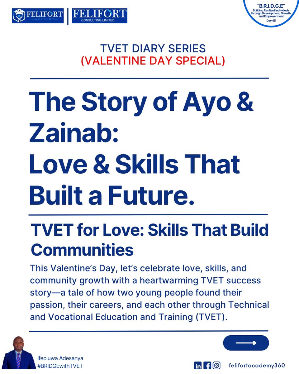 ifeoluadesanya's tweet photo. TVET DIARY SERIES (VALENTINE DAY SPECIAL)

#day45 of #365DaysOfTVET

The Story of Ayo &amp; Zainab: Love &amp; Skills That Built a Future.

#bridgewithTVET #TVETForTheFuture #felifortconsulting #felifortacademy #skillsforlove #valentinesday #valentinesdayspecial https://t.co/dBPic2VHPt