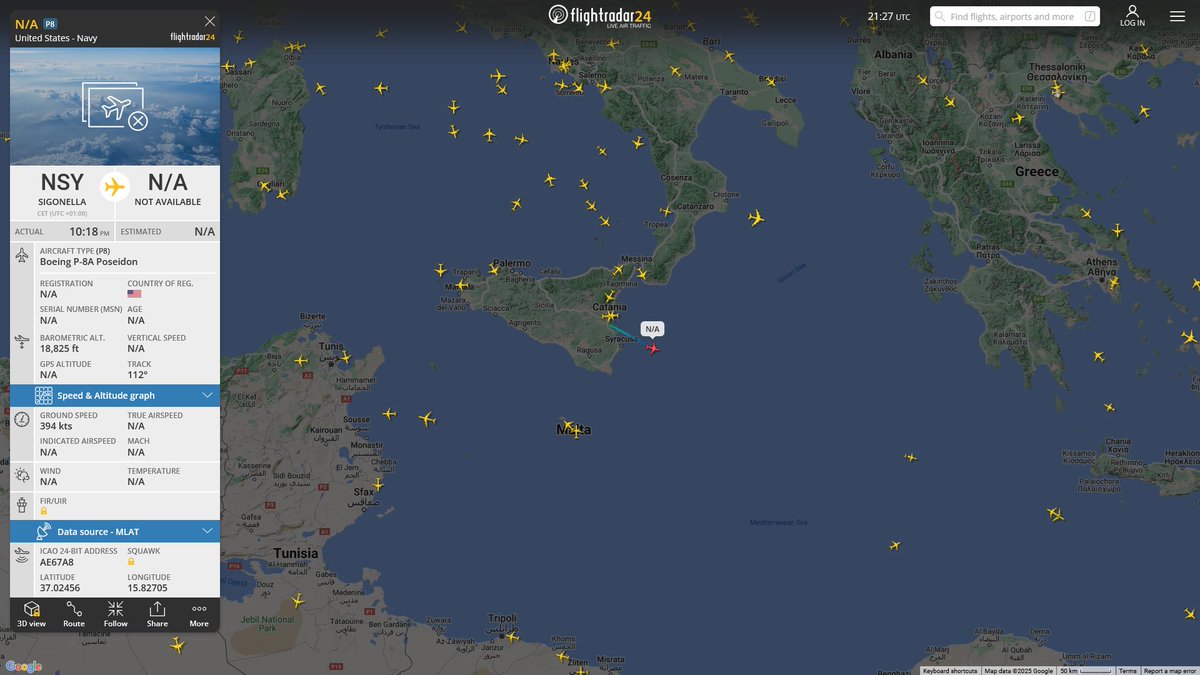 AIYeyENGDdJkjTr's tweet photo. Feb. 15, 2025
#Naval Air Station Sigonella ==>
#NoCALLSIGN #AE67A8 USN P-8A Poseidon https://t.co/c5gDKd93Rc