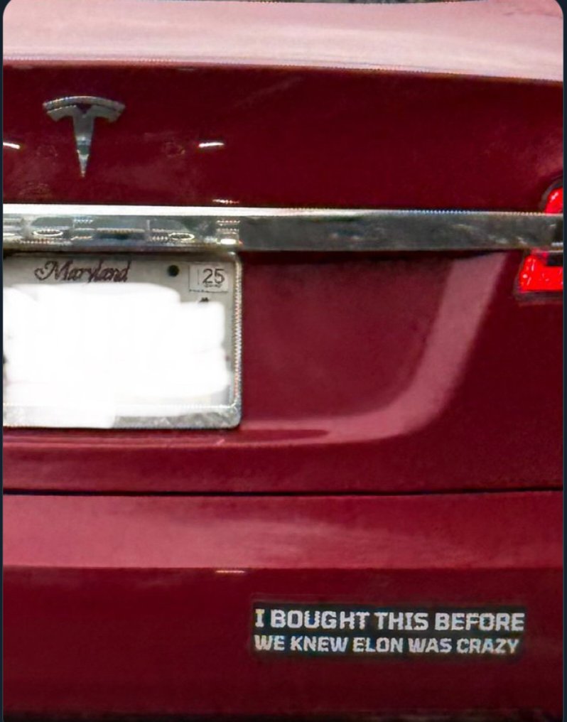 Apparently, posting this picture gets you banned for copyright infringement! 
A Tesla on Connecticut Avenue in Chevy Chase, MD USA, with a bumper sticker trashing Elon.