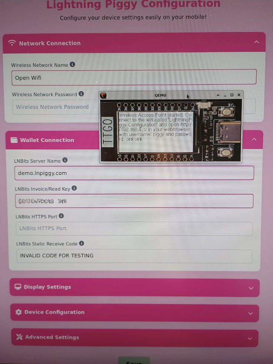 LightningPiggy ⚡️🐽 (@lightningpiggy) on Twitter photo Development on the <a href="/LightningPiggy/">LightningPiggy ⚡️🐽</a> codebase is now smoking thanks to the open-source QEMU ESP32 emulator created by <a href="/ThomasFarstrike/">Thomas Farstrike</a>!
The emulator now includes display emulation, as shown here with the piggy configuration page by Dr.Shift⚡️. Development on the <a href="/LightningPiggy/">LightningPiggy ⚡️🐽</a> codebase is now smoking thanks to the open-source QEMU ESP32 emulator created by <a href="/ThomasFarstrike/">Thomas Farstrike</a>!
The emulator now includes display emulation, as shown here with the piggy configuration page by Dr.Shift⚡️.