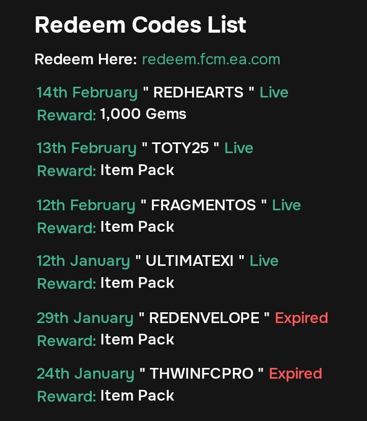 JES018FCM's tweet photo. 🚨FC Mobile New Redeem Code Is Live 🚨
Code 👉 REDHEARTS
You will get 1000 germs .
Redeem Your Rewards From: https://t.co/jD5vuDYnsn
#FCMobileredeemcode #FCMobile #FIFA #EASports https://t.co/dVL4JR1KQP