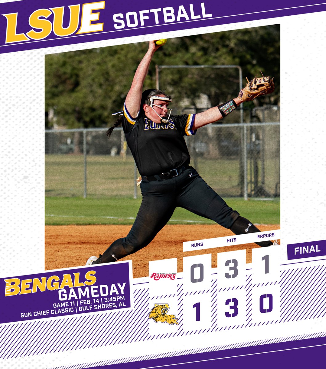 Bengals, FIGHT! Reagan Rios outduels Northwest Florida, tossing an eight inning complete game shutout as LSUE takes down Northwest Florida 1-0.  Jadyn Yesso brings home the lone run of the game with a RBI single in the 8th.

#DSRO
#GeauxBengals
