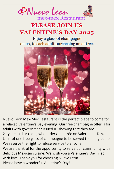 Happy Valentine's Day, Join us this evening for a free glass of champagne! Please click on image for details.