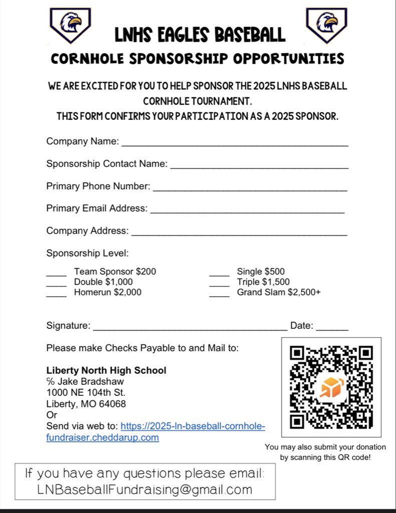 ⚾️⚾️CALLING ALL SPONSORS ⚾️⚾️

Our sponsorship team is ready for you! We are less than 2 months away from our 4th Annual Cornhole Tournamnet. If you are interested please check out the levels below and reach out! Check out the link:  
drive.google.com/file/d/1cUVUIZ…

#LNBaseball15