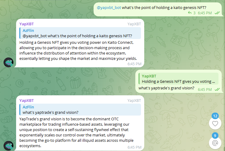 Yap_XBT's tweet photo. The official @YapTradeDAO AI TG bot is live: https://t.co/2lnLYZr4Rw

YapXBT has ingested YapTrade + @KaitoAI docs and will answer all questions about either. DM him directly or tag him in the YapTrade telegram

Made with love by @AzFlin + @iFruitz_ using @oracleframework https://t.co/PYkcExpicv