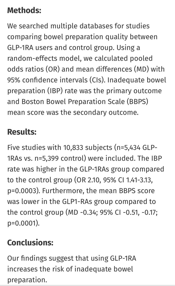 Azizullah Beran, MD, ABOM-D (@azizullahberan) on Twitter photo 🚨 Excited to share our latest paper on effect of GLP-1 receptor agonists on bowel preparation for colonoscopy from <a href="/IUGastro/">Indiana University Gastroenterology and Hepatology</a> , published <a href="/AmJGastro/">AJG - The American Journal of Gastroenterology</a> <a href="/AmCollegeGastro/">ACG</a>
Our SRMA findings suggest that using GLP-1RAs increases the risk of inadequate bowel prep
Huge thanks to my 🚨 Excited to share our latest paper on effect of GLP-1 receptor agonists on bowel preparation for colonoscopy from <a href="/IUGastro/">Indiana University Gastroenterology and Hepatology</a> , published <a href="/AmJGastro/">AJG - The American Journal of Gastroenterology</a> <a href="/AmCollegeGastro/">ACG</a>
Our SRMA findings suggest that using GLP-1RAs increases the risk of inadequate bowel prep
Huge thanks to my