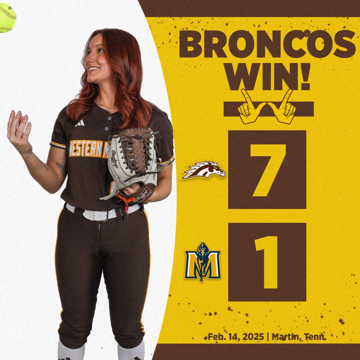 DUBS UP!

Another gem pitched by <a href="/jensengrem/">Jensen</a> and the bats came alive in the top of the 7th! 

Broncos and Racers rematch starting shortly. Follow along live: wmustats.com