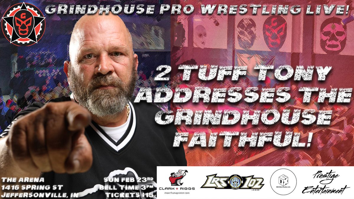 Grindhouse Pro Wrestling (@grindhousex) on Twitter photo Grindhouse Pro Wrestling owner <a href="/2TuffTony4Real/">2 Tuff Tony</a> has something to say at our next event!
Sun Feb 23, 3 PM
The Arena
1416 Spring St
Jeffersonville, IN
🎟️🔗: buff.ly/3ZpfeUc
Sponsored by <a href="/ClarknRiggs/">Clark And Riggs</a> <a href="/LRS102TheWalrus/">Skinny J_102</a> <a href="/dexblockstudios/">DEX Block Studios LLC.</a> & Prestige Entertainment
#SmackDown Grindhouse Pro Wrestling owner <a href="/2TuffTony4Real/">2 Tuff Tony</a> has something to say at our next event!
Sun Feb 23, 3 PM
The Arena
1416 Spring St
Jeffersonville, IN
🎟️🔗: buff.ly/3ZpfeUc
Sponsored by <a href="/ClarknRiggs/">Clark And Riggs</a> <a href="/LRS102TheWalrus/">Skinny J_102</a> <a href="/dexblockstudios/">DEX Block Studios LLC.</a> & Prestige Entertainment
#SmackDown