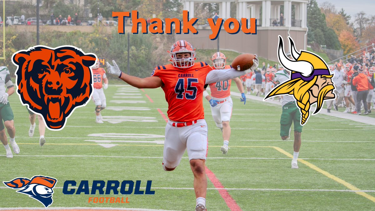 Carroll U Football (@piofootball) on Twitter photo They'll find the best of the best anywhere. Thanks goes out to the <a href="/Vikings/">Minnesota Vikings</a> & <a href="/ChicagoBears/">Chicago Bears</a> for taking a look at our guy. #Family They'll find the best of the best anywhere. Thanks goes out to the <a href="/Vikings/">Minnesota Vikings</a> & <a href="/ChicagoBears/">Chicago Bears</a> for taking a look at our guy. #Family