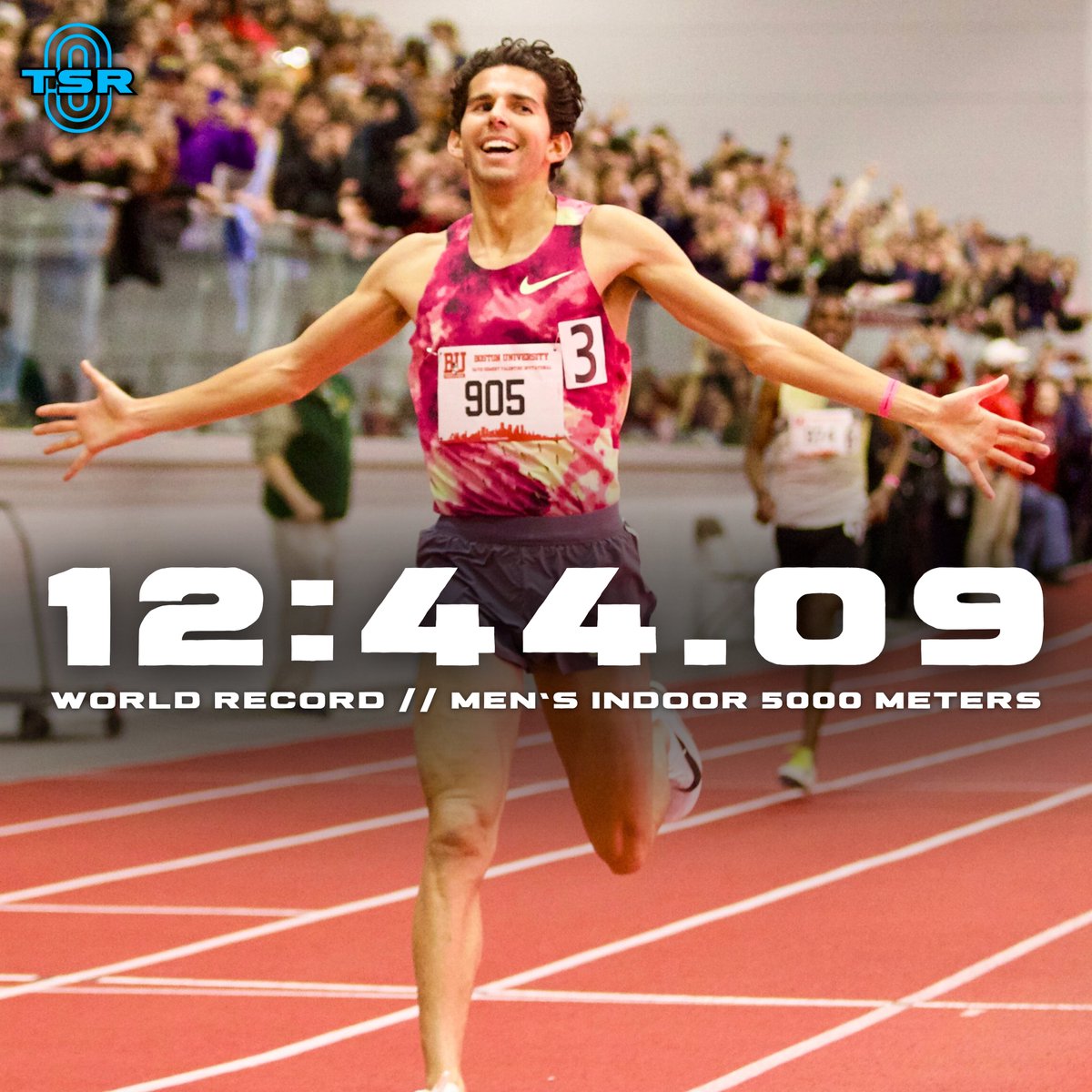 TheStrideReport's tweet photo. TWO WORLD RECORDS IN SIX DAYS‼️🤯 

Nike’s Grant Fisher thrived at Boston University, posting a jaw-dropping indoor 5k WORLD RECORD of 12:44.09!  

The Stanford alum is the first American man to run under the 12:45 (5k) barrier regardless of season. 

At the Millrose Games from six days ago, Fisher also secured a new indoor 3k world record with a winning time of 7:22.91.

📸 via @janfigueroa07