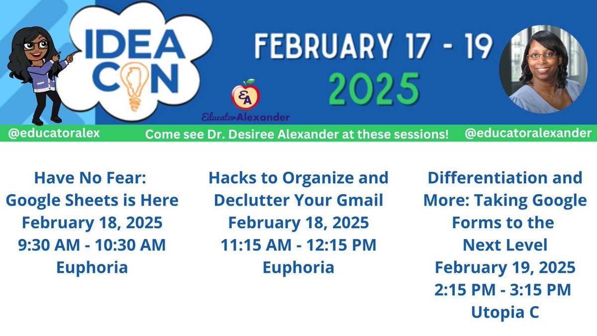 educatoralex's tweet photo. ๐Going to #IDEAcon?
๐๐ฝโโ๏ธSEE YOU THERE!
๐We are presenting!
#education #classroom #edtech #K12 #teachers #googleedu #GoogleEI #GoogleET #EdChat #EdLeaders #Edu #Educhat #Principals #teacher #futurereadylibs #librarians #tech #IDEAcon25 @ideaillinois #IDEAil #GoogleChampions https://t.co/RHg8jbKoZe