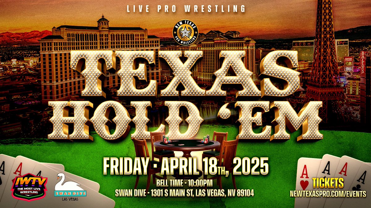 New Texas Pro Wrestling (@newtexaspw) on Twitter photo ❗️SHOW ANNOUNCEMENT❗️
We are now officially headed to LAS VEGAS on Fri, Apr 18 live from the Swan Dive at 10PM as part of Mania Weekend for “Texas Hold ‘Em”
We are excited to be a part of the Shooting Star Fest put together by our good friends <a href="/PrideStylePro/">PrideStyle 🖤 Inclusive Pro Wrestling</a>
This is the ❗️SHOW ANNOUNCEMENT❗️
We are now officially headed to LAS VEGAS on Fri, Apr 18 live from the Swan Dive at 10PM as part of Mania Weekend for “Texas Hold ‘Em”
We are excited to be a part of the Shooting Star Fest put together by our good friends <a href="/PrideStylePro/">PrideStyle 🖤 Inclusive Pro Wrestling</a>
This is the