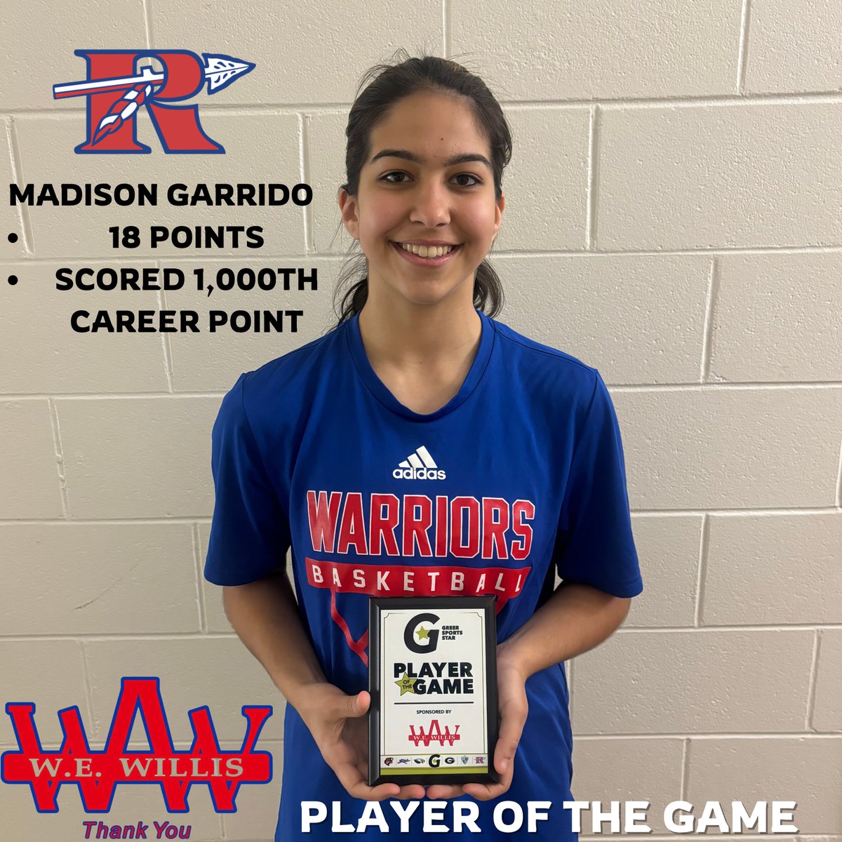 Congratulations to tonight’s W.E. WILLIS PLAYER OF THE GAME from the girls’ game: Riverside’s Madison Garrido!

Garrido had 18 points to lead her Lady Warriors to a win over Byrnes, and scored her 1,000th career point in the 4Q — on senior night!

Well done to Madison! 👏👏👏