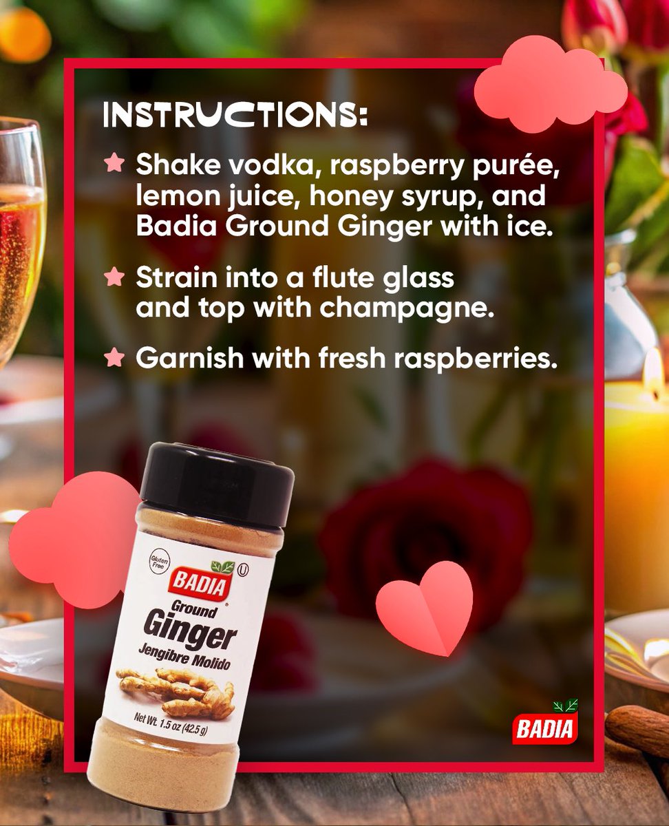 Love is in the air, and so is the irresistible aroma of Badia Ground Ginger in this dazzling cocktail! Whether you are toasting with your special someone or celebrating self-love, this drink is your #ValentinesDay glow-up in a glass. Cheers! 🥂

#BadiaSpices #ValentinesDayIdeas