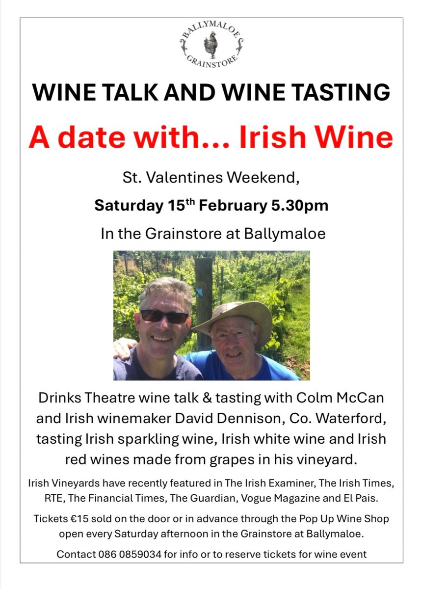 Colm McCan (@colmmccan) on Twitter photo Upcoming Drinks Theatre event: A date with Irish Wine 🍇🥂🇮🇪
Talk & tastings w/ Co.Waterford winemaker David Dennison <a href="/VikingDrinks/">Viking Irish Drinks</a> This Saturday 15th Feb 5.30pm tickets €15 on the door or in the Pop-up wine shop open every Saturday afternoon in the Grainstore at Ballymaloe Upcoming Drinks Theatre event: A date with Irish Wine 🍇🥂🇮🇪
Talk & tastings w/ Co.Waterford winemaker David Dennison <a href="/VikingDrinks/">Viking Irish Drinks</a> This Saturday 15th Feb 5.30pm tickets €15 on the door or in the Pop-up wine shop open every Saturday afternoon in the Grainstore at Ballymaloe