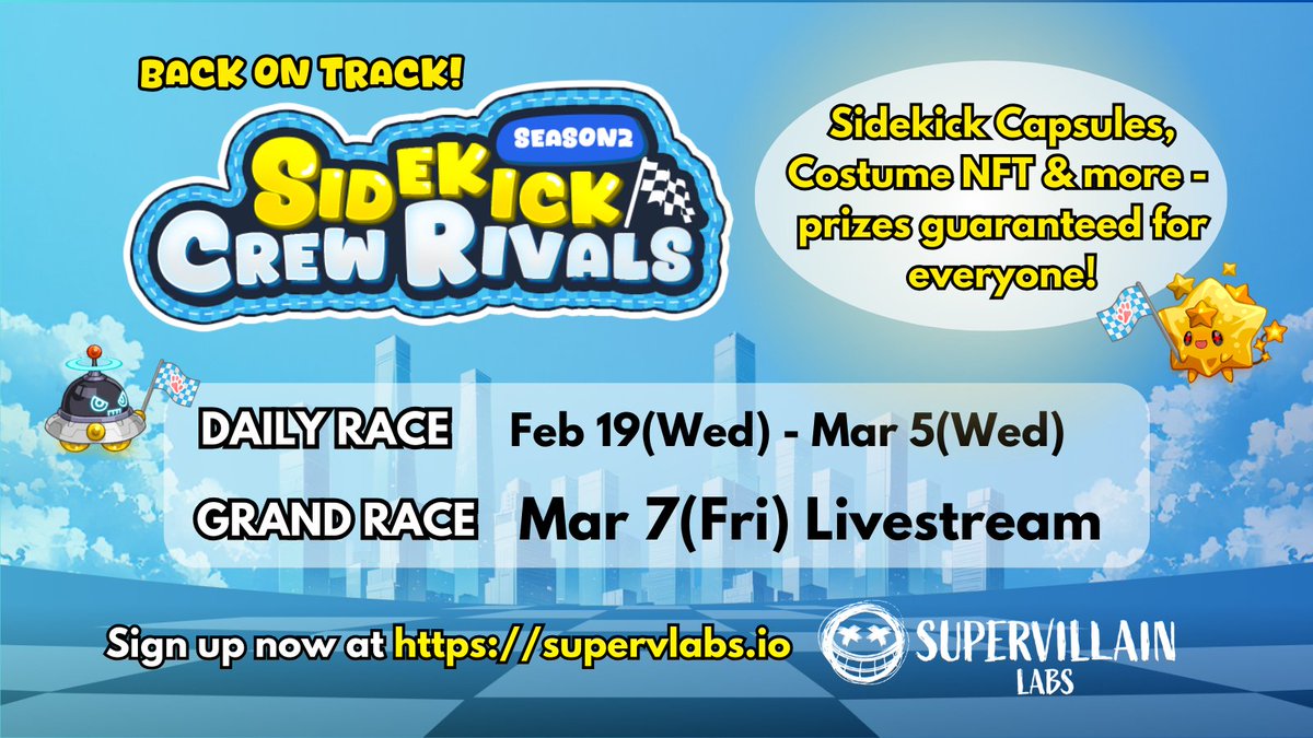 supervlabs's tweet photo. 🏁Sidekick Crew Rivals Season 2 is Coming!🏁

🪙SCR Points system—no one leaves empty-handed! 
🏆The Winner Prediction challenge can be a real game changer! 

📅Event begins: Feb 19, 0AM UTC at https://t.co/UkZtuYZzoa

Meanwhile, we recommend you check out... 👇 https://t.co/Yk0UZBKMbS