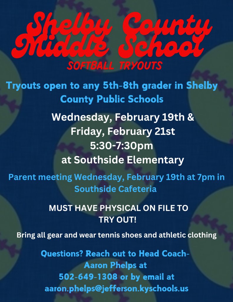 ShelbyEast's tweet photo. Middle School Softball Tryouts will take place on Feb. 19 &amp; 21 from 5:30-7:30 pm at Southside Elementary. There will be a parent meeting on Wednesday, Feb. 19 at 7:00 pm in the Southside Cafeteria. Students in 5th-8th grades are welcome. A KHSAA sports physical is required. https://t.co/DVeDcadPmn
