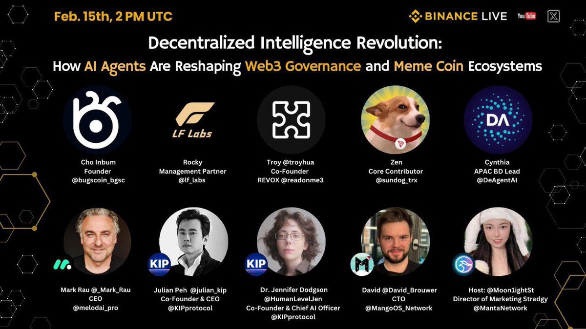 RealMoonLabsโจ (@realmoonlabs) on Twitter photo ๐ Decentralized Intelligence Revolution: How AI Agents Are Reshaping Web3 Governance and Meme Coin Ecosystems
๐
Feb. 15th, 2 PM UTC
๐ X Spaces: x.com/i/spaces/1OdKrโฆ
๐ Speakers Lineup:
Cho Inbum โ Founder, <a href="/bugscoin_bgsc/">bugscoin</a>
Rocky โ Management Partner, <a href="/lf_labs/">LF Labs | Get Certainty From Uncertainty!</a>
Troy ๐ Decentralized Intelligence Revolution: How AI Agents Are Reshaping Web3 Governance and Meme Coin Ecosystems
๐
Feb. 15th, 2 PM UTC
๐ X Spaces: x.com/i/spaces/1OdKrโฆ
๐ Speakers Lineup:
Cho Inbum โ Founder, <a href="/bugscoin_bgsc/">bugscoin</a>
Rocky โ Management Partner, <a href="/lf_labs/">LF Labs | Get Certainty From Uncertainty!</a>
Troy