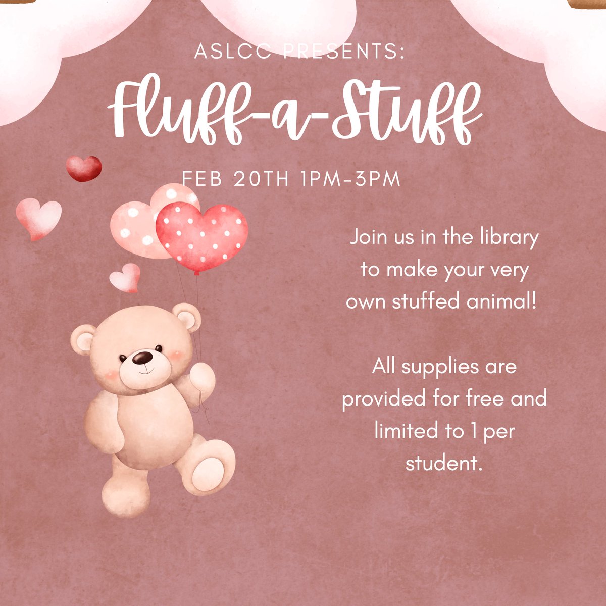 LowerCC's tweet image. Get your creative juices flowing at the ASLCC "Fluff-a-stuff" activity event on Feb 20th, from 1pm-3pm at the LCC Library. All supplies are provided to build your own stuffed animal (limited to 1 per student). #ASLCC #LowerColumbiaCollege #LowerCC #LCCevents