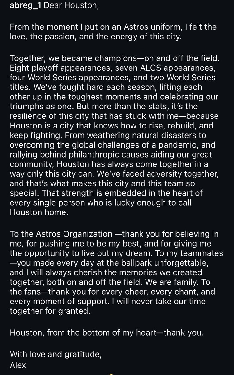 Alex Bregman posted a message to Astros fans on Instagram. 🫡