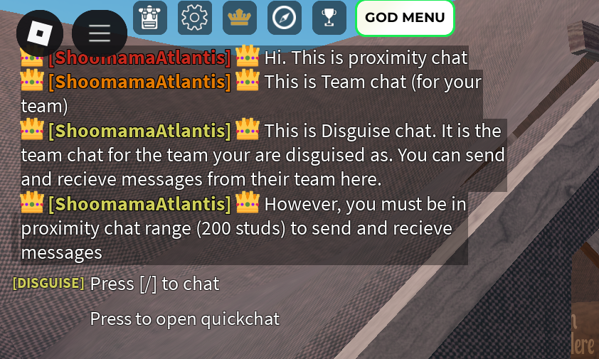 cfrontint's tweet photo. New Empire Clash small update! Thieves now have access to the "Disguise" channel, which lets them view and chat in the team chat of the team they're disguised as. You must be within 200 studs of the other players to do this. #robloxdev #empireclash #cfront #roblox https://t.co/iOS41h8rEm