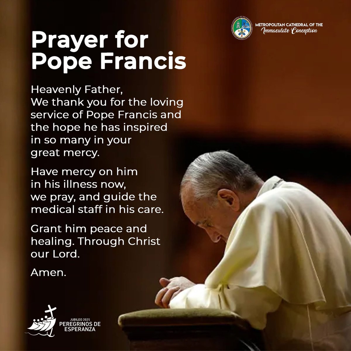 MCIC_Parish's tweet photo. Let us take a moment of silence as we offer our prayer for the complete healing and fast recovery of Pope Francis together with his intentions.

Prayer: The Franciscan Missionaries of the Eternal Word

#PopeFrancis 
#PrayerforPopeFrancis https://t.co/p9QioSriOf