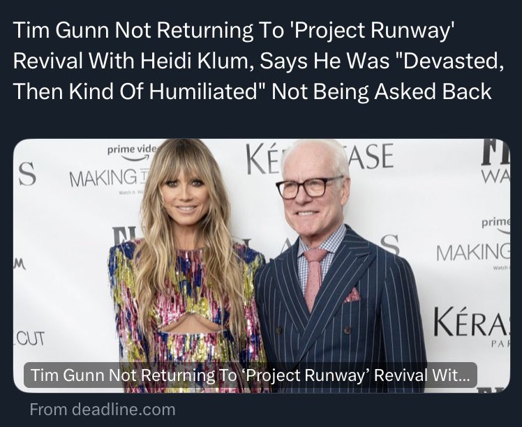LCJReviews's tweet photo. All those years together on #ProjectRunway, including an Emmy win, and three excellent seasons of #MakingTheCut. Not having Tim with Heidi for the “PR” revival is ridiculous. https://t.co/TqGrQAc8b5