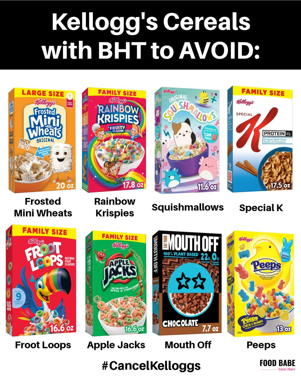 thefoodbabe's tweet photo. Our campaign to #CancelKelloggs includes the controversial preservative BHT they don’t use in other countries. This ingredient is linked to cancer and not proven safe. Why should Americans needlessly consume BHT, if they’ve already figured out how to make cereals without it? https://t.co/bnDcnscCR6
