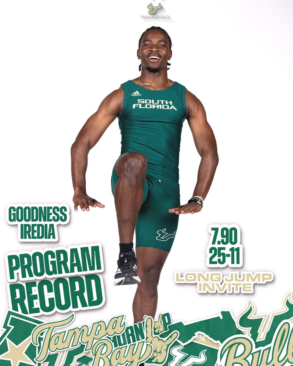 Goodness Iredia set the program record in the long jump with a leap of 7.90 meters (25-11) at the Windy City Invitational, surpassing his previous mark of 7.79 meters (25-6.75) set earlier this season.

GOODY HOW GREEDY🗣️

#HornsUp🤘
#ComeRunWithTheBulls🐂