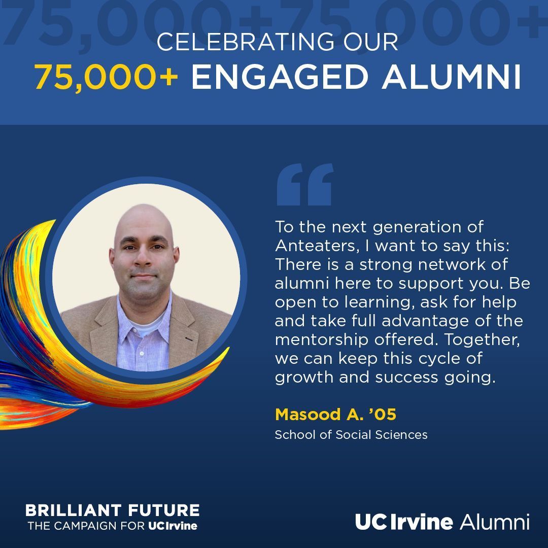 UCI Alumni π§βππ (@uciaa) on Twitter photo ππ Mentorship matters! Masood A. '05 empowers @ucirvine students today through mentorship thanks to the inspiration he received as an Anteater. His story fuels future generations. Explore his <a href="/ucisocsci/">UCI Social Sciences</a> alumni story: buff.ly/3WKwhyu.
β¨ #UCIPride #UCAlumni ππ½β¨ ππ Mentorship matters! Masood A. '05 empowers @ucirvine students today through mentorship thanks to the inspiration he received as an Anteater. His story fuels future generations. Explore his <a href="/ucisocsci/">UCI Social Sciences</a> alumni story: buff.ly/3WKwhyu.
β¨ #UCIPride #UCAlumni ππ½β¨