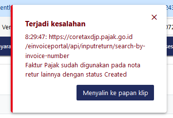 Aristiyo's tweet photo. @kring_pajak Pagi Admin Kring Pajak, sebelumnya saya ada buat Nota Retur dan sudah di simpan, tapi di list tidak ada, dan saya coba buat baru tidak bisa, karena nomor FP sudah pernah digunakan dgn status create, ini gmn solusi nya ? https://t.co/lzzaahbLc2