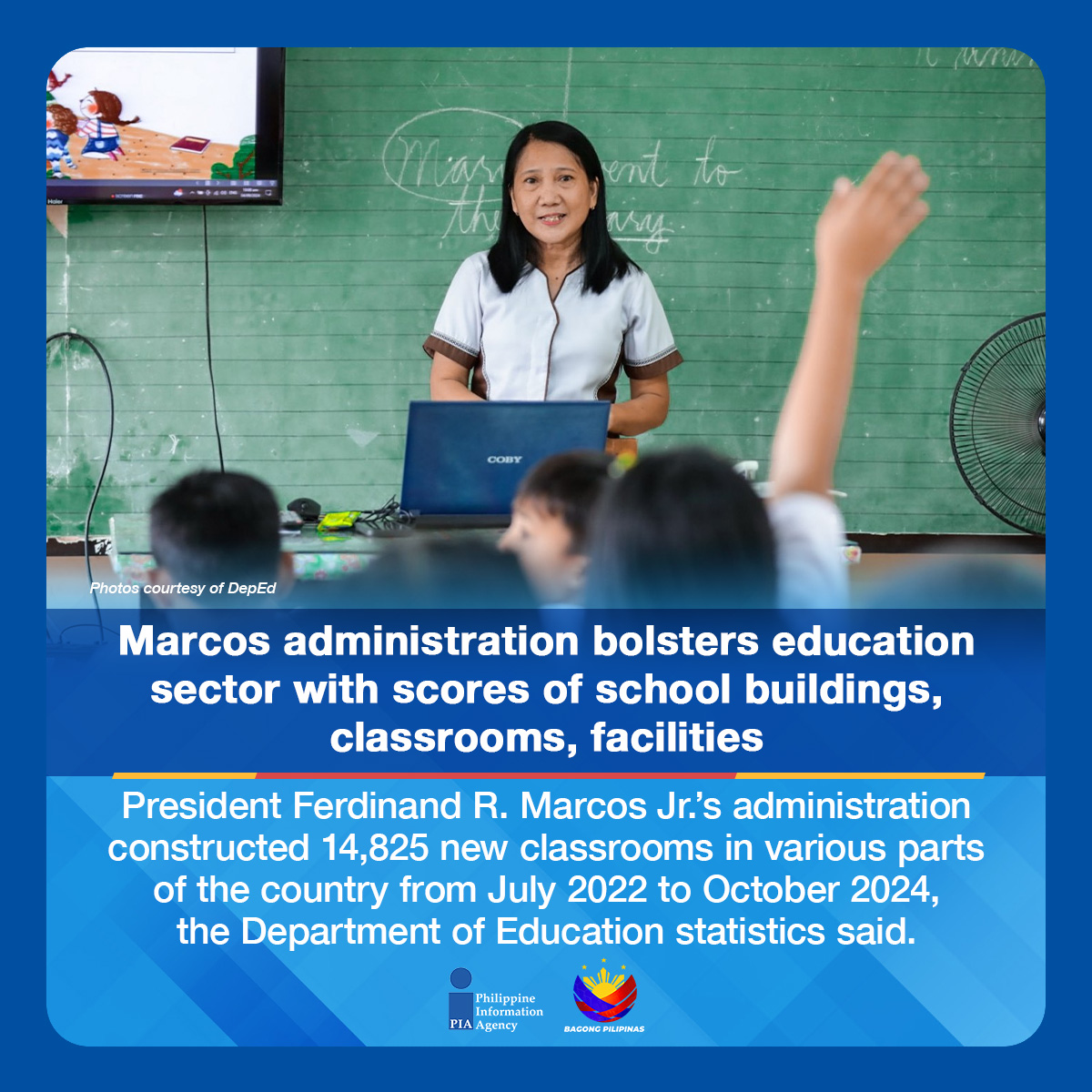PIADesk's tweet image. The Marcos administration is dedicated to improving education by building and repairing thousands of classrooms nationwide, ensuring a safe learning environment for Filipino students.

Read here: pia.gov.ph/marcos-adminis…

#BagongPilipinas