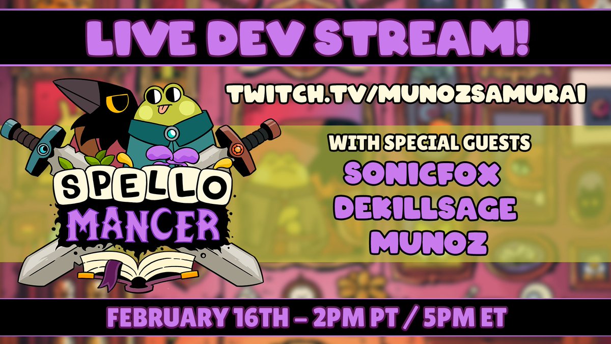 Spellomancer (@spellomancer) on Twitter photo Sunday, Feb 16 - The FIRST EVER Spellomancer public stream!
Special guests <a href="/SonicFox/">SonicFox @ EVO</a>, <a href="/dekillsage/">dekillsage</a>, & @munozsamurai do battle in @hidden_variable's new spell 'em 'up!
Tune in 14:00 PT / 17:00 ET / 22:00 GMT to catch the alphabetical action! 🔗twitch.tv/munozsamurai Sunday, Feb 16 - The FIRST EVER Spellomancer public stream!
Special guests <a href="/SonicFox/">SonicFox @ EVO</a>, <a href="/dekillsage/">dekillsage</a>, & @munozsamurai do battle in @hidden_variable's new spell 'em 'up!
Tune in 14:00 PT / 17:00 ET / 22:00 GMT to catch the alphabetical action! 🔗twitch.tv/munozsamurai