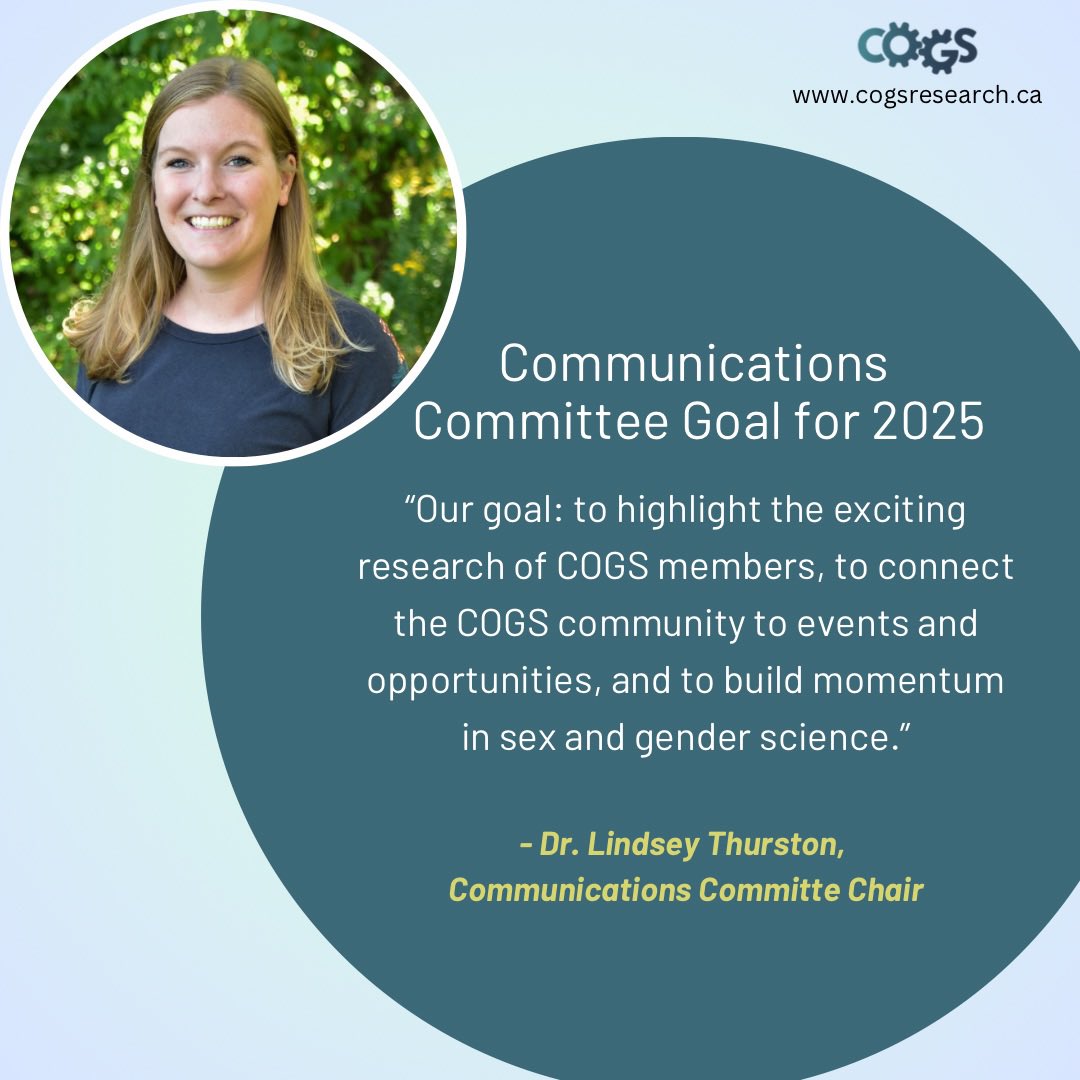 💡Communications Committee💡

Check out Communications Committee Chair Dr. Lindsey Thurston’s exciting plans for 2025!

Visit cogsresearch.ca/communications… to learn more about the Communications Committee.

#SexAndGenderScience #Research #Mentorship #Canada #COGS #Science