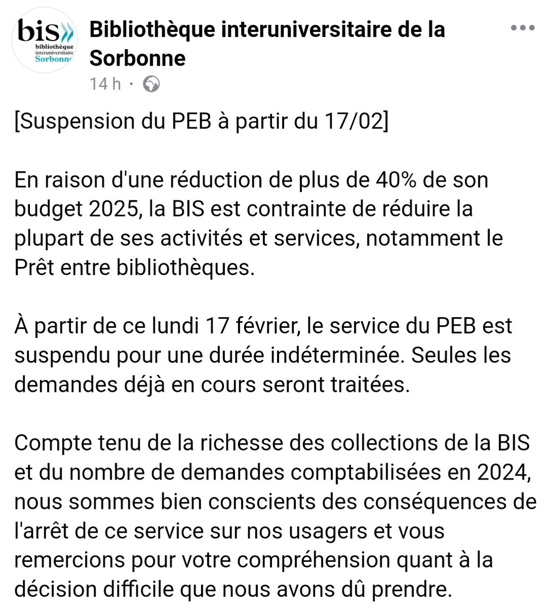La bibliothèque de la Sorbonne annonce une baisse de 40% de son budget, entraînant la fermeture de certains services