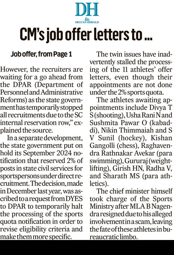 Hita Prakash (@hitaprakash) on Twitter photo 7 months have passed since Chief Minister <a href="/siddaramaiah/">Siddaramaiah</a> handed job offer letters to 11 Karnataka athletes who are international medallists. And their wait to get hired continues.
<a href="/DeccanHerald/">Deccan Herald</a> #sports #Karnataka
deccanherald.com/india/karnatak… 7 months have passed since Chief Minister <a href="/siddaramaiah/">Siddaramaiah</a> handed job offer letters to 11 Karnataka athletes who are international medallists. And their wait to get hired continues.
<a href="/DeccanHerald/">Deccan Herald</a> #sports #Karnataka
deccanherald.com/india/karnatak…