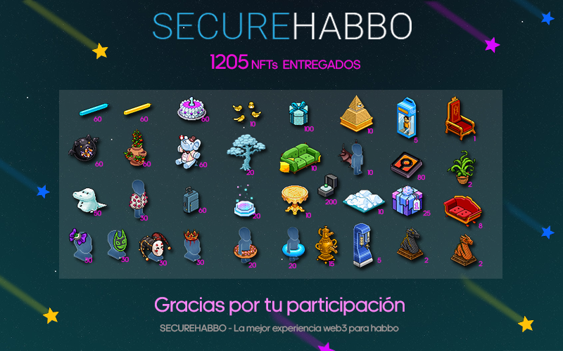 El evento de airdrops ha terminado.
+1205 nft's entregados en 48hs

¡Espero que lo hayan disfrutado! Duró menos de lo esperado porque se sumó más gente de la prevista.

Pueden comprar, vender y ofertar NFTs, además de ver gráficos en vivo en SecureHabbo.com.

💙