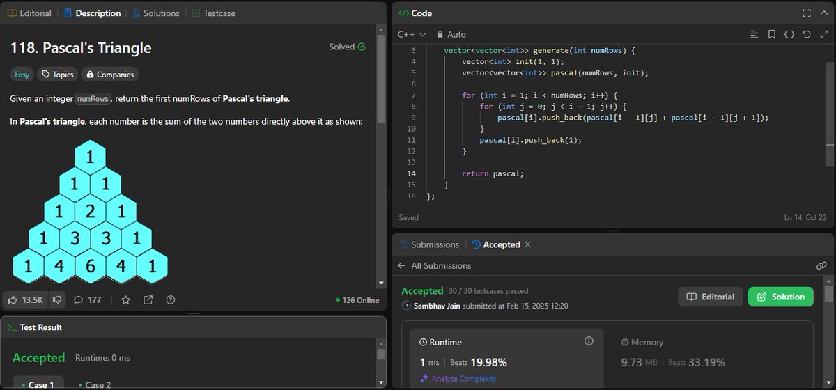 jsambhav5's tweet photo. #Day136 of #150DaysOfDSA

Topics and Learnings: #2D_Array

Problems Solved:
148. #LeetCode #118 : Pascal's Triangle
Approach:
pascal[i][j] = pascal[i - 1][j] + pascal[i - 1][j - 1]

TC: O(N ^ 2)
SC: O(N ^ 2) https://t.co/ml9TgAwdGT