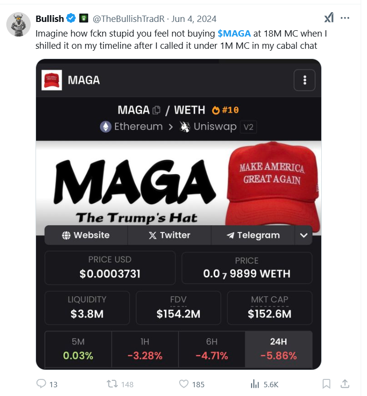 MoEthWhale's tweet photo. This shows you how much of a liar this mfer is.

Well done to @Jonnklein for exposing the cuk.

https://t.co/WEm3Vpm9UA

The guy was shilling $MAGA till he dumped on his community and the $MAGA community with other KOLs. https://t.co/J9tr6B98JU