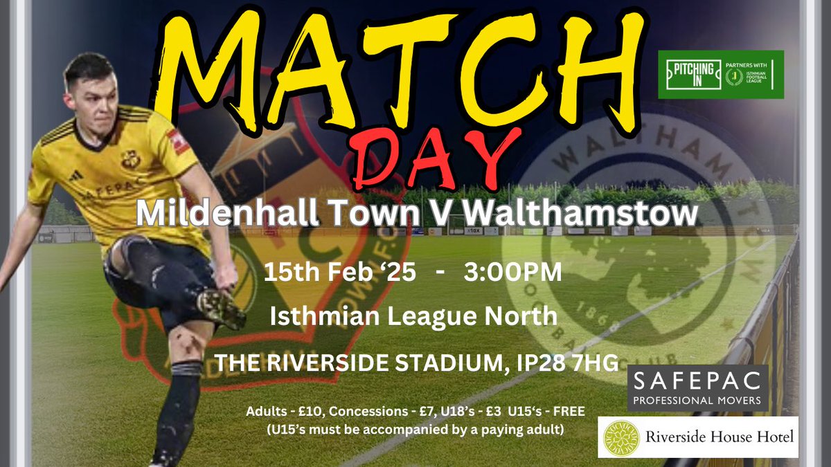 Mildenhall Town FC (@mildenhalltown) on Twitter photo It’s ⚽️ MATCHDAY ⚽️
We welcome <a href="/walthamstowfc/">Walthamstow Football Club</a> to The Riverside Stadium for our latest <a href="/IsthmianLeague/">The Pitching In Isthmian League</a> North match.
Great range of drinks available from the bar and Shane’s Snack Shack will be open as usual
Cash or card accepted
Get along and support the boys
#upthehall It’s ⚽️ MATCHDAY ⚽️
We welcome <a href="/walthamstowfc/">Walthamstow Football Club</a> to The Riverside Stadium for our latest <a href="/IsthmianLeague/">The Pitching In Isthmian League</a> North match.
Great range of drinks available from the bar and Shane’s Snack Shack will be open as usual
Cash or card accepted
Get along and support the boys
#upthehall