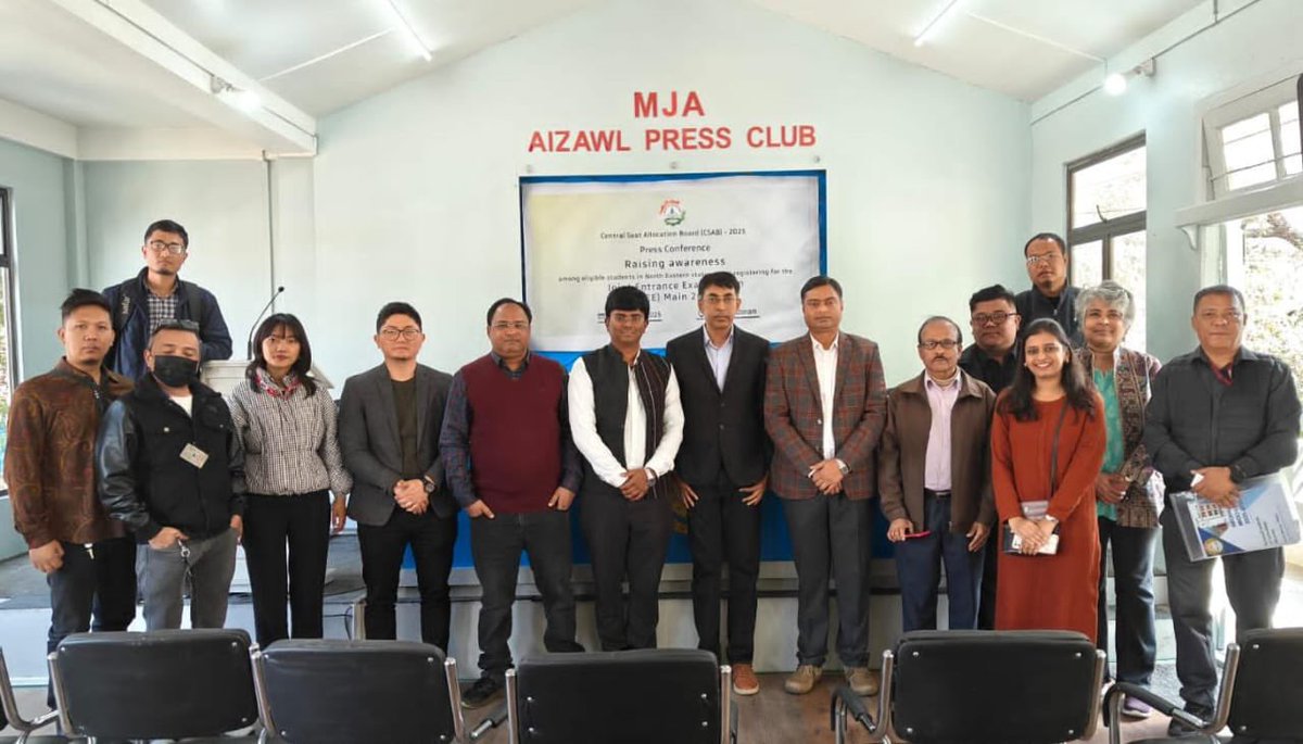 NIT_Mizoram's tweet photo. The Central Seat Allocation Board (CSAB)-2025 invites students from North-Eastern states to register for the Joint Entrance Examination (JEE) Main 2025. A Press Conference was held at Aizawl Press Club to disseminate the information. https://t.co/4YNfjP4ors