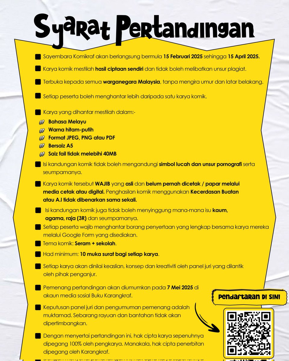 Serlahkan bakat melukis komik anda dengan menyertai Sayembara Komikraf !!! 🔥

🥇Hadiah Utama: RM1500
🥈Hadiah Kedua: RM1000
🥉Hadiah Ketiga: RM500
🏆Saguhati x7: RM150

Baca syarat penyertaan dan hantarkan karya anda ke link yang disediakan sebelum 15 April 2025.