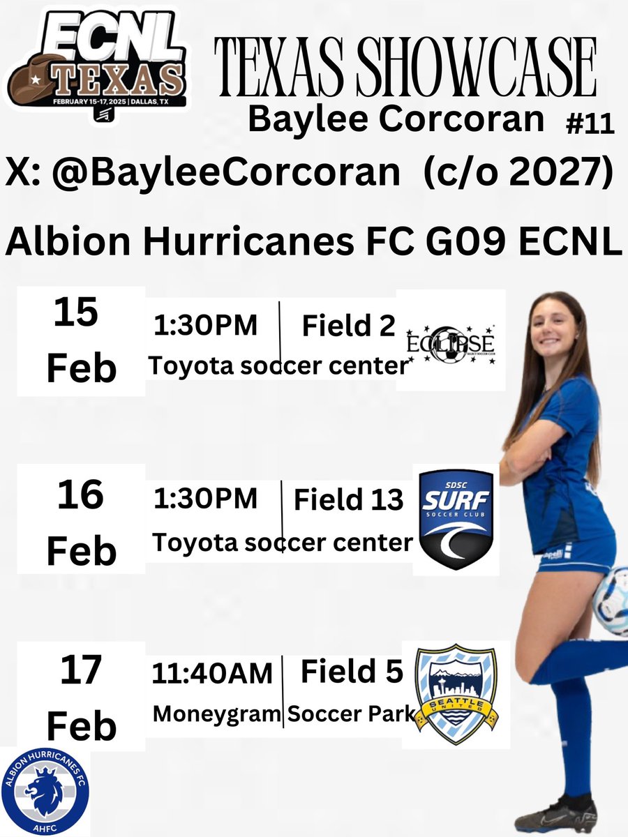 Baylee Corcoran (@bayleecorcoran) on Twitter photo Excited to play against 3 competitive teams in the Texas ECNL showcase this weekend!!
<a href="/TopDrawerSoccer/">TopDrawerSoccer</a> <a href="/TheSoccerWire/">SoccerWire</a> <a href="/PrepSoccer/">Prep Soccer ⚽️</a> <a href="/RazorbackSoccer/">Arkansas Soccer</a> <a href="/AuburnSoccer/">Auburn Soccer</a> <a href="/AlabamaSoccer/">Alabama Soccer</a> <a href="/TCUSoccer/">TCU Soccer</a> <a href="/LSUSoccer/">LSU Soccer</a> <a href="/UVAWomenSoccer/">Virginia Women's Soccer</a> <a href="/Vol_Soccer/">Tennessee Soccer</a> <a href="/clemsonwsoccer/">Clemson Women's Soccer</a> <a href="/AggieSoccer/">Texas A&M Soccer</a> <a href="/NDSoccer/">Notre Dame Women's Soccer</a> <a href="/UGASoccer/">Georgia Soccer</a> #FYP Excited to play against 3 competitive teams in the Texas ECNL showcase this weekend!!
<a href="/TopDrawerSoccer/">TopDrawerSoccer</a> <a href="/TheSoccerWire/">SoccerWire</a> <a href="/PrepSoccer/">Prep Soccer ⚽️</a> <a href="/RazorbackSoccer/">Arkansas Soccer</a> <a href="/AuburnSoccer/">Auburn Soccer</a> <a href="/AlabamaSoccer/">Alabama Soccer</a> <a href="/TCUSoccer/">TCU Soccer</a> <a href="/LSUSoccer/">LSU Soccer</a> <a href="/UVAWomenSoccer/">Virginia Women's Soccer</a> <a href="/Vol_Soccer/">Tennessee Soccer</a> <a href="/clemsonwsoccer/">Clemson Women's Soccer</a> <a href="/AggieSoccer/">Texas A&M Soccer</a> <a href="/NDSoccer/">Notre Dame Women's Soccer</a> <a href="/UGASoccer/">Georgia Soccer</a> #FYP