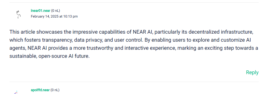 llnear01's tweet photo. NEAR is blockchain for AI.  Verifiable (L)Earn AI agent available at @LearnNear https://t.co/zKilKkoM0O