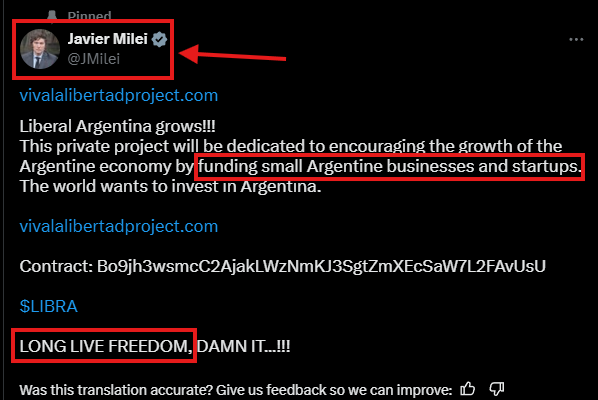 Argentinian President Javier Milei shares $LIBRA scam coin on X, $4.4 billion erased from the market