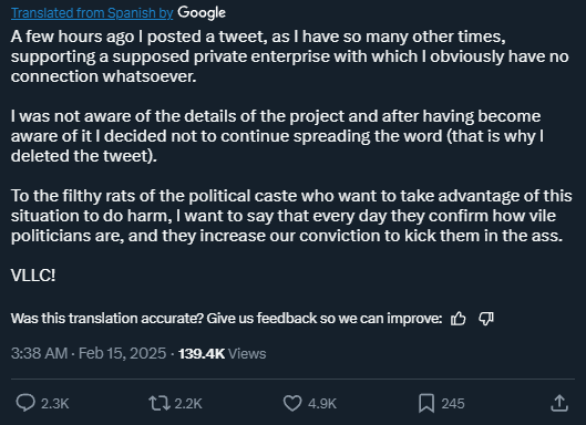 WazzCrypto's tweet photo. $LIBRA tweet deleted by Milei and now this explanation, LOL

This is definitely the same team or using similar Modus Operandi of those who launched $MELANIA and $TRUMP,  somehow they have connections to other world leaders and we're just letting them extract hundreds of millions https://t.co/8Do02q9Djm
