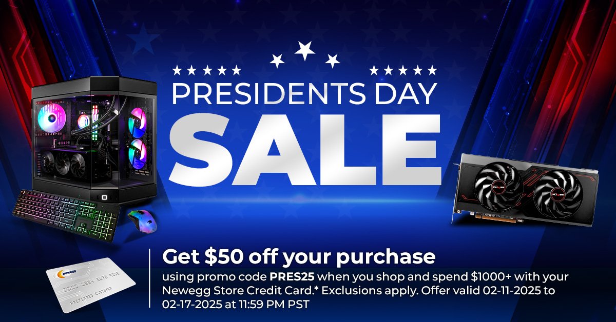 Newegg's tweet image. Come save in our #presidentsday SALE! 
Plus get $50 off when you shop and spend $1000+ with your Newegg Store Credit Card using code PRES25. Exclusions apply. Offer ends 2/17/25 11:59pm PT. 
💳 newegg.io/x-pres50