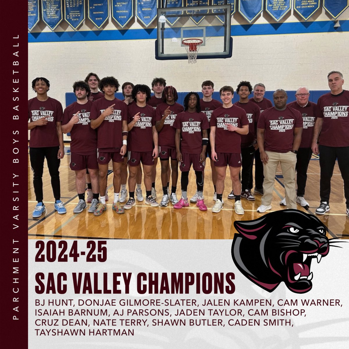 Parchment 17-3 (9-0) clinched the outright SAC Valley Championship tonight over a well-coached Lawton squad 52-46. Jalen Kampen led with 22 points. Donjae Gilmore was next with 16. BJ Hunt added 8. The Panthers travel to Three Rivers Tuesday night.