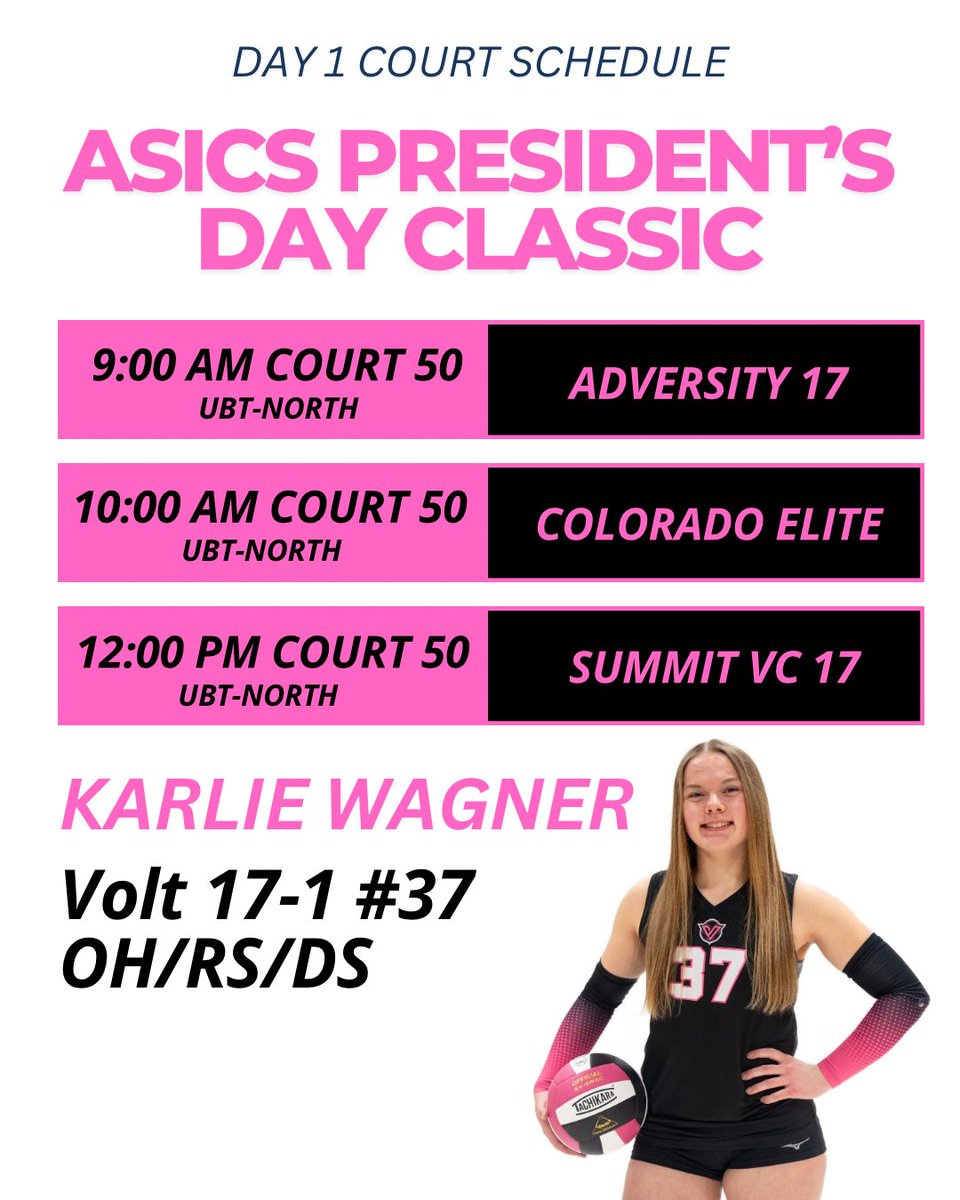 Court Schedule for ASICS President’s Day Classic in Omaha!

#volleyball #minnesota #volleyballrecruits #outsidehitter #rightsidehitter #serverecieve #passing #collegevolleyball #defensivespecialist #defense #usavolleyball #usavolleyball #usav 
<a href="/PrepDigDakotas/">Prep Dig Dakotas</a>